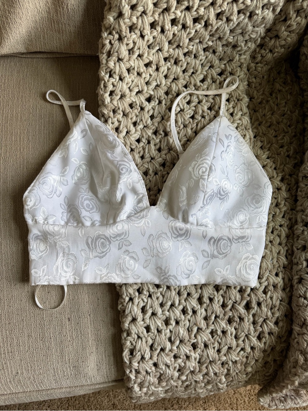 White Floral Jacquard Bralette - Women Intimates